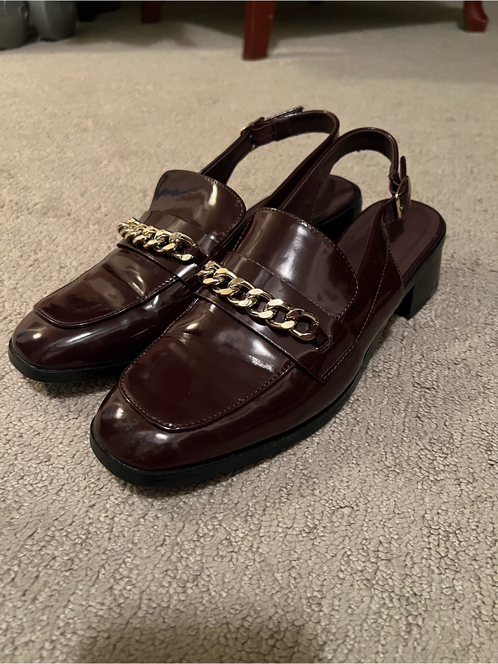 Women's Slingback Loafer Heels in Deep Burgundy with Gold Chain